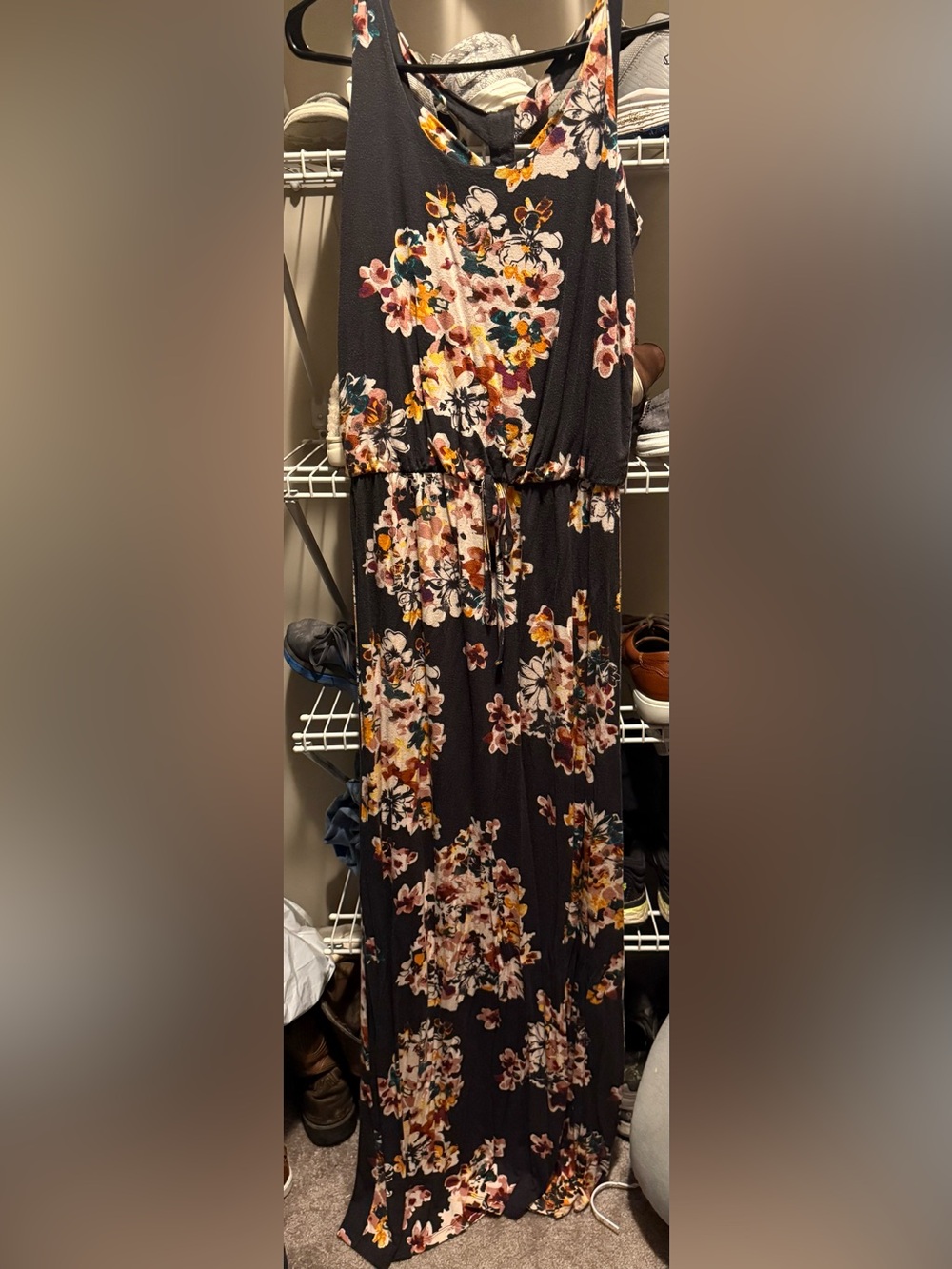 Maurices Black Floral Drawstring Maxi Dress with Mustard & Mauve Accents